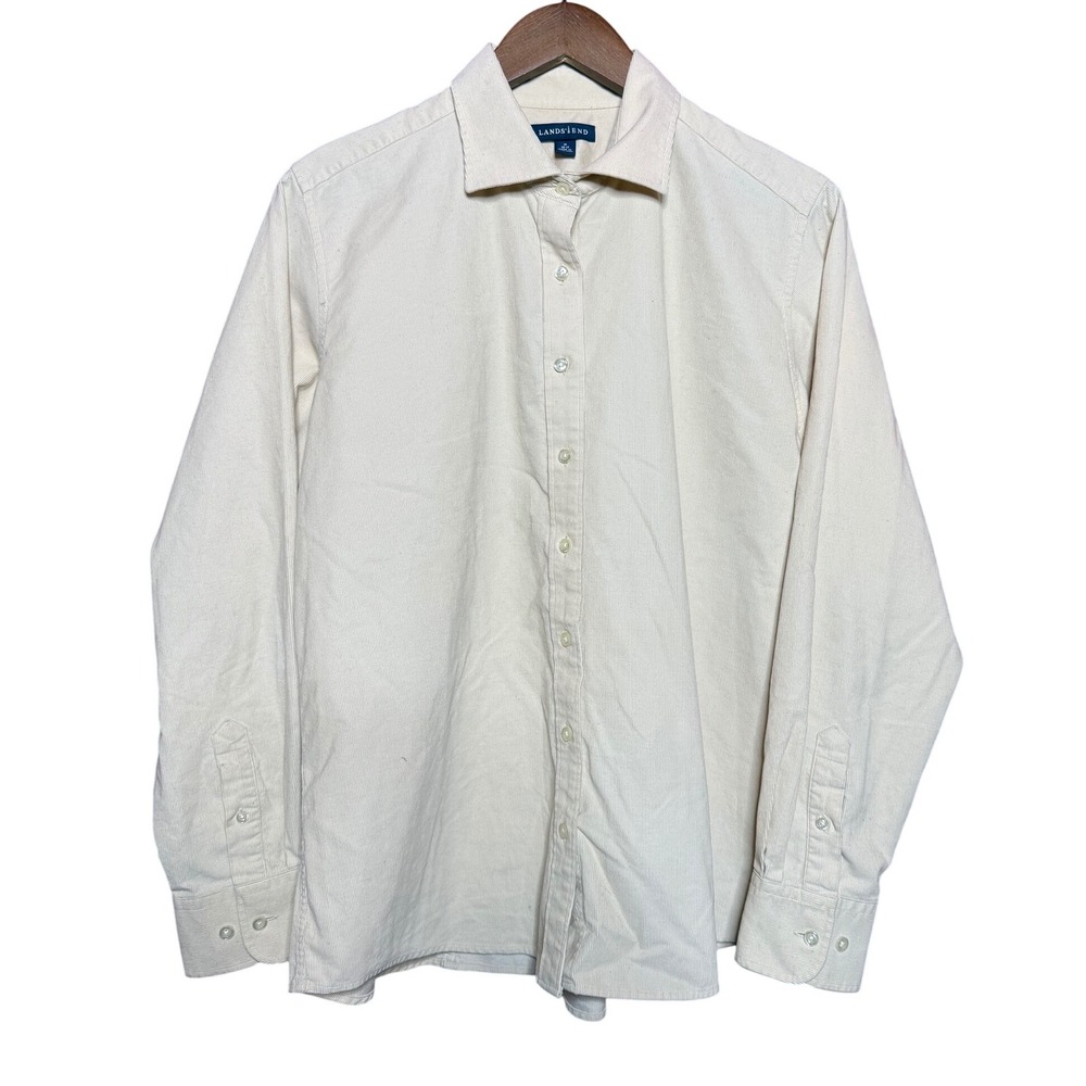 Lands End‎ Women Medium Cream Corduroy Button Down Shirt Long Sleeve Cotton